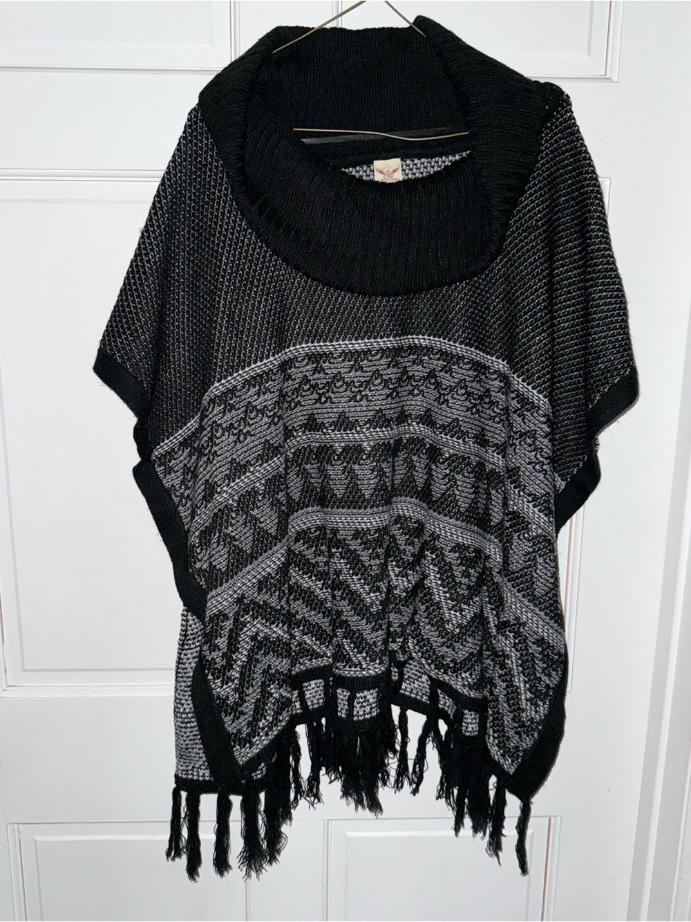 Faded Glory Black and Gray Cowl Neck Fringe Poncho